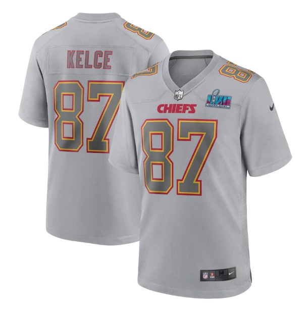 Men's Kansas City Chiefs #87 Travis Kelce Gray Super Bowl LVII Patch Atmosphere Fashion Stitched Game Jersey